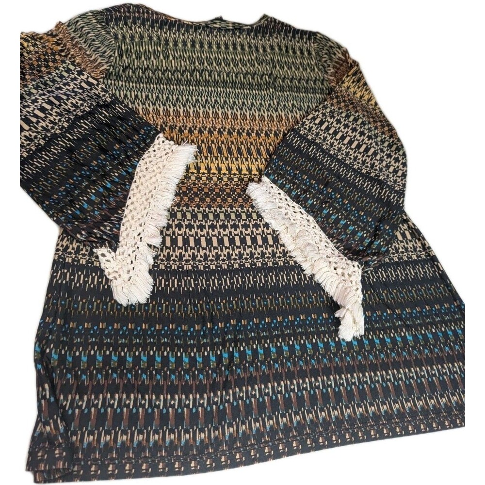Melissa Paige Boho Geometric Print Top Large Crochet Fringe Bell Sleeve... - Picture 12 of 15